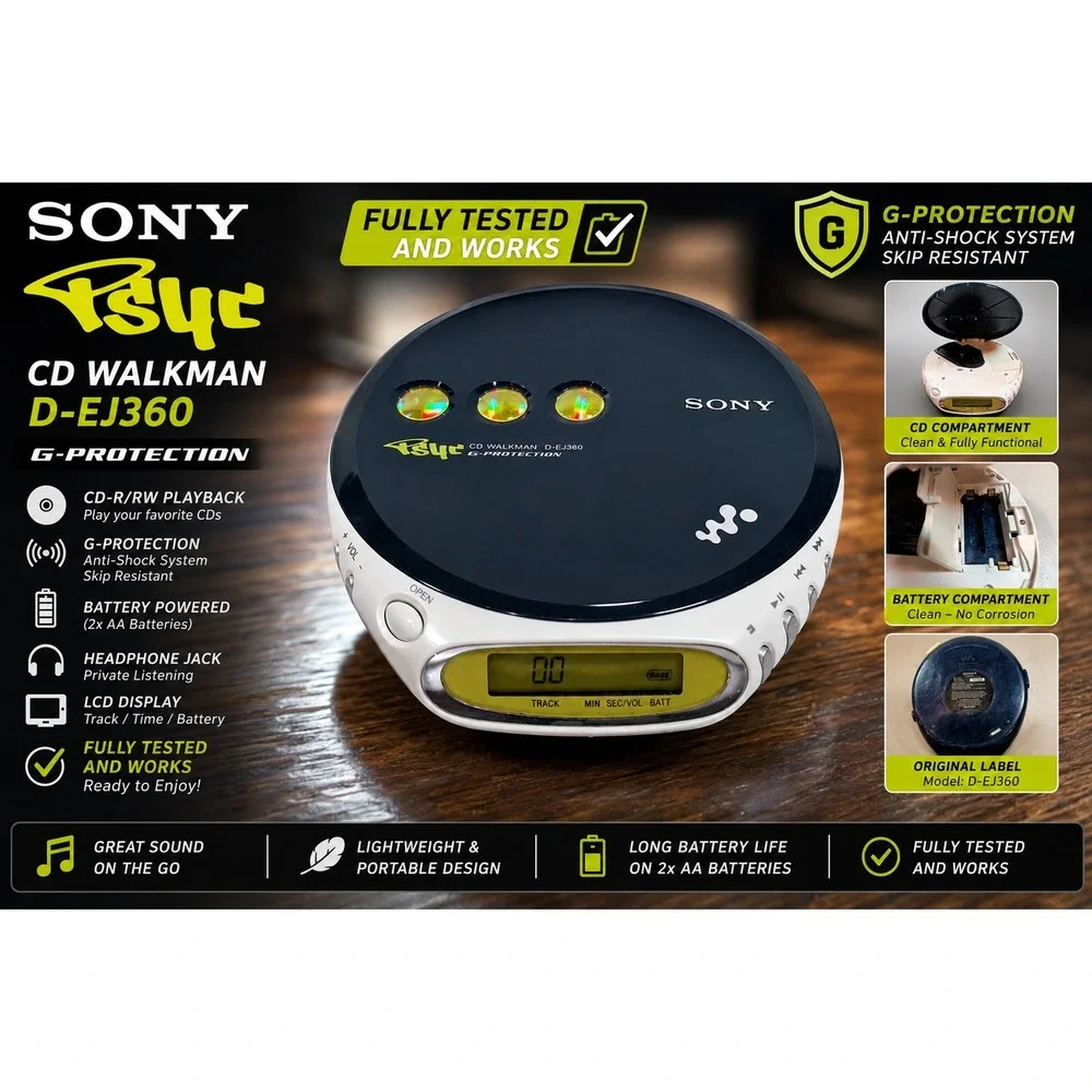 Sony Psyc CD Walkman D-EJ360 Blue White Portable CD Player G-Protection Vintage